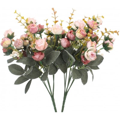 Duovlo 7 Branch 21 Heads Artificial Flowers Bouquet Mini Rose Wedding Home Office Decor,Pack of 2 2 PCS Pink