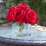 Enova Floral 7 Large Stems Artificial Silk Roses Fake Flowers Arrangement in Cube Glass Vase with Faux Water for Home Office Wedding Decoration Red