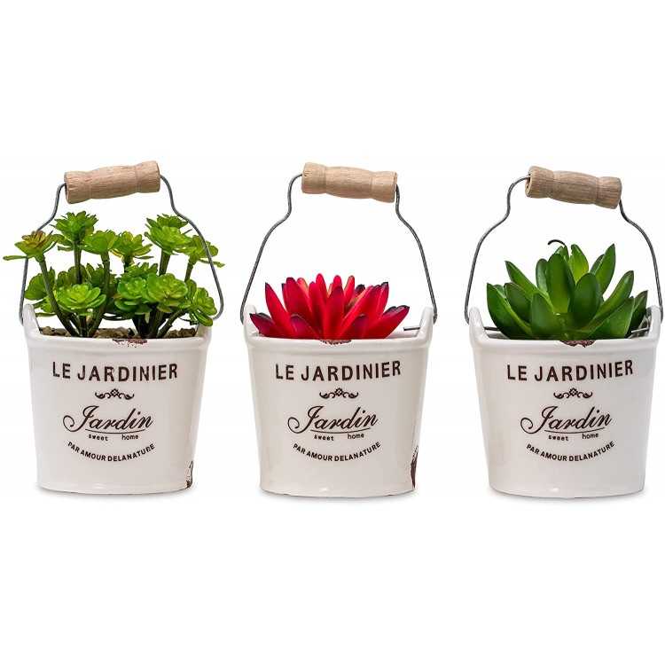 IHK 3 Pack Small Artificial Faux Fake Potted Plants. Farm House Rustic Succulent Ceramic Bucket pots with Metal Handles. Decor for Kitchen Home Office Bathroom and Living Room.