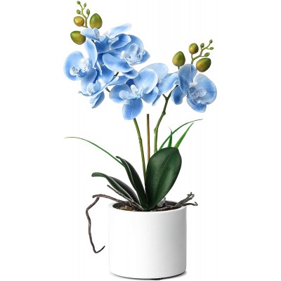 Jusdreen Artificial Flower Bonsai with Vase Vivid Orchid Flower Arrangement Phalaenopsis Flowers Pot for Home Office Décor House DecorationsCeramic Pot Blue Orchid
