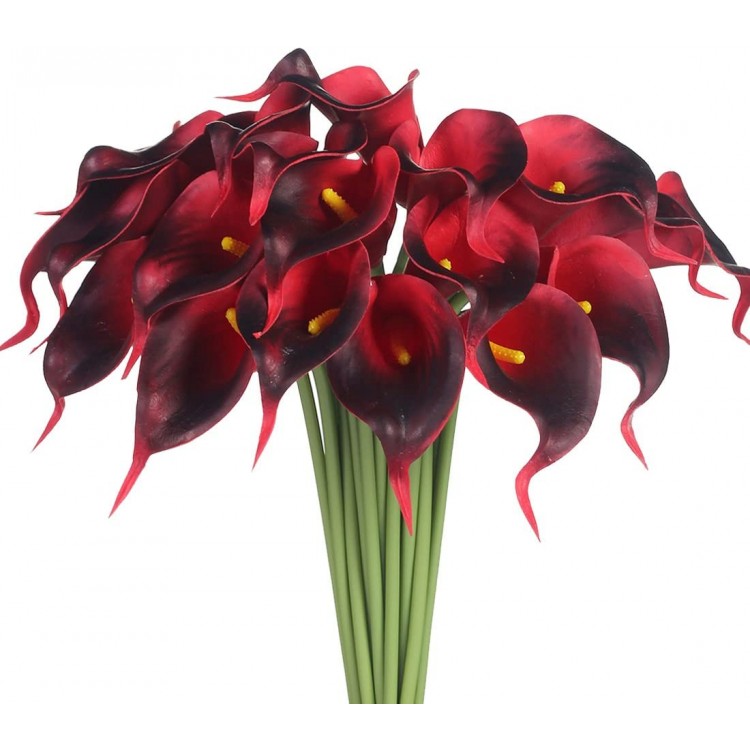 JUSTOYOU 20pcs Artificial Calla Lily Fake White Flowers Wedding Bouquet Real Touch Latex Flower for Bride Wedding Home Decor Dark Red