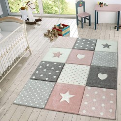 Kids Rug Checkered Patterned with Dots Hearts and Stars in Pastel Colors Area Rug for Childrens Room Size:2'8" x 4'11" Colour:Pink