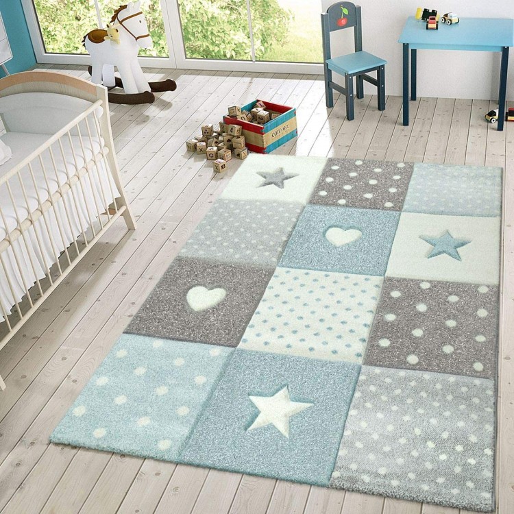 Kids Rug Checkered Patterned with Dots Hearts and Stars in Pastel Colors Area Rug for Childrens Room Size:2'8 x 4'11 Colour:Blue