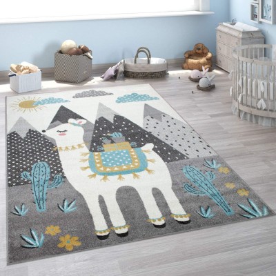 Kid´s Rug for Nursery Llama and Mountains Motif in Grey Blue Cream Size: 2'8" x 4'11"