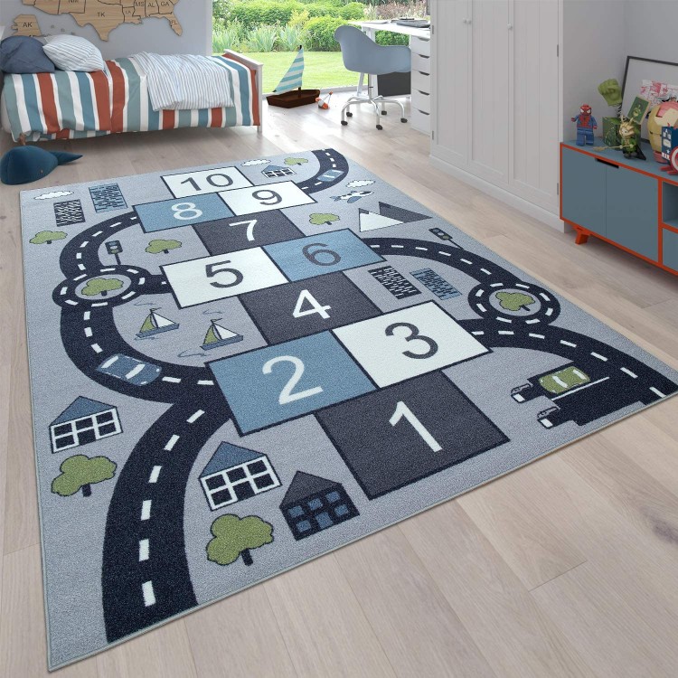Kids Rug Play Mat Hopscotch Street Non Slip Rug for Playroom in Blue Gray White Size: 2'8 x 4'11