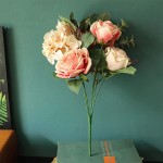 KSHQU Bridal Bouquet Flower Artificial Home Wedding Flower Rose Leaves Peony Decor Home Decor Pink