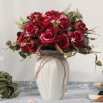 LESING Artificial Rose Flowers with Vase Faux Silk Fake Rose Flowers Bouquets in Vase Table Centerpiece Arrangement for Home Wedding Decoration Claret Red