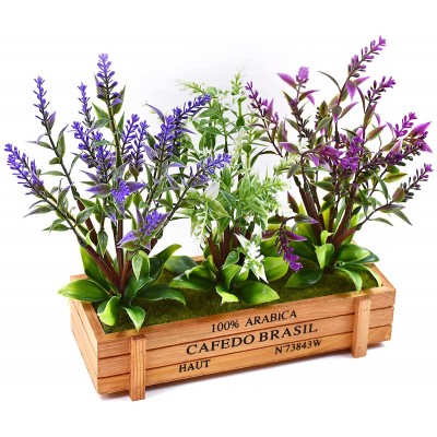 LYSTAR Artificial Plants Lavender with Rectangle Shape Wooden Flowerpot Tricolor Lavender Artificial Plants Artificial Flowers for Indoor or Outdoor and Cafe Decorations Ruby+White+Violet