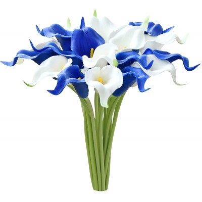 Mandy's 20pcs Blue and White Flowers Artificial Calla Lily Silk Flowers 13.4" for Home Kitchen & Wedding