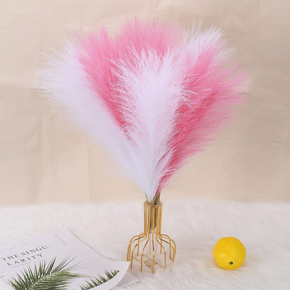 MHMJON 4Pcs Faux Pampas Grass 17'' Tall Artificial Pampas Grass Plume Fluffy Dried Pompous Grass Flower for Vase Filler Home Wedding Party Farmhouse Boho Floral DecorPink and White