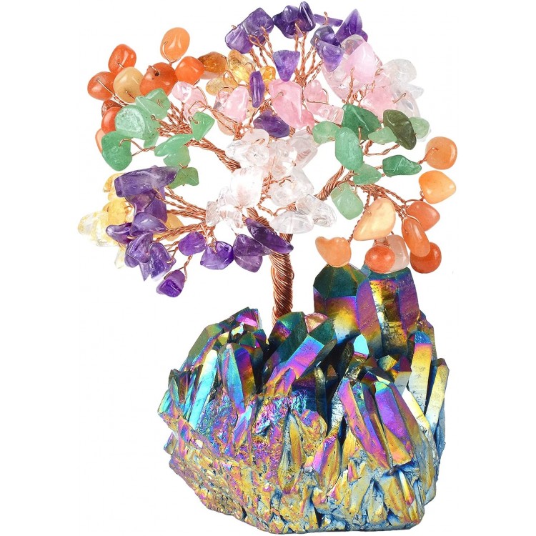 Multicolor Crystal Tree Chakra Feng Shui Tree Titanium Quartz Cluster Base Gemstone Crystals Bonsai Money Tree for Wealth and Luck by MASGEMES