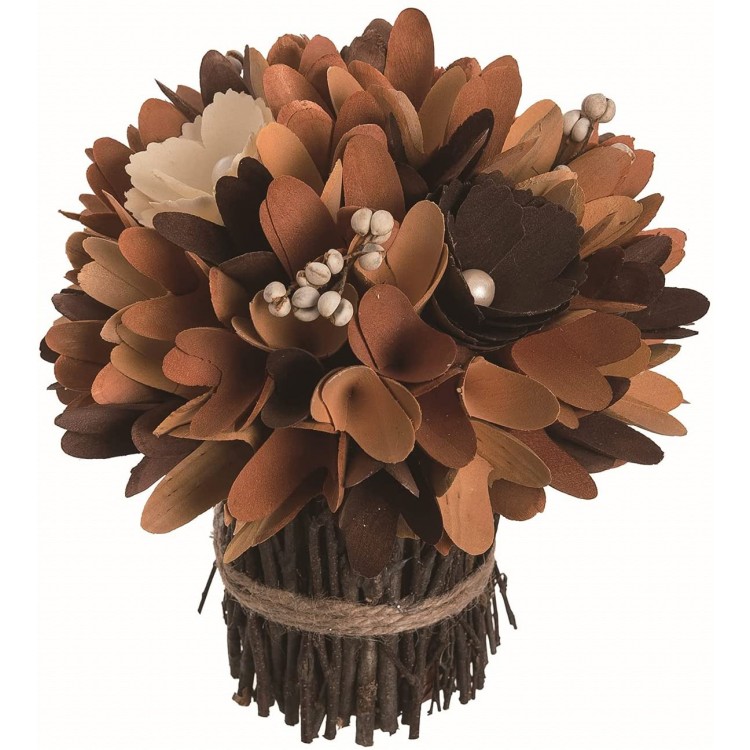One Holiday Way 9-Inch Rustic Brown Fall Wood Curl Flower Bouquet with Twig Stems Burlap Tie Berry Autumn Desk Table Buffet Decoration Country Harvest Thanksgiving Centerpiece Home Decor
