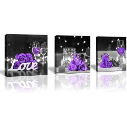Purple Rose Flower Pictures Wall Art for Kitchen Wine Glass Candle Flower Love Wall Decor Canvas Prints Bedroom Home Artwork for Living Room 3 Pieces Set Size: 12x12inch