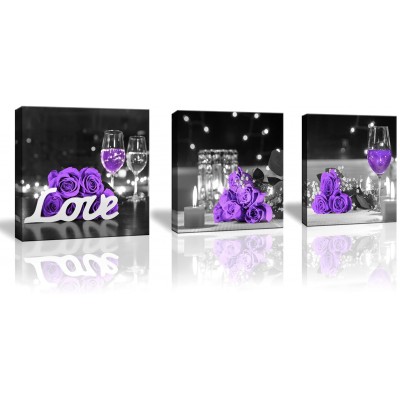 Purple Rose Flower Pictures Wall Art for Kitchen Wine Glass Candle Flower Love Wall Decor Canvas Prints Bedroom Home Artwork for Living Room 3 Pieces Set Size: 12x12inch