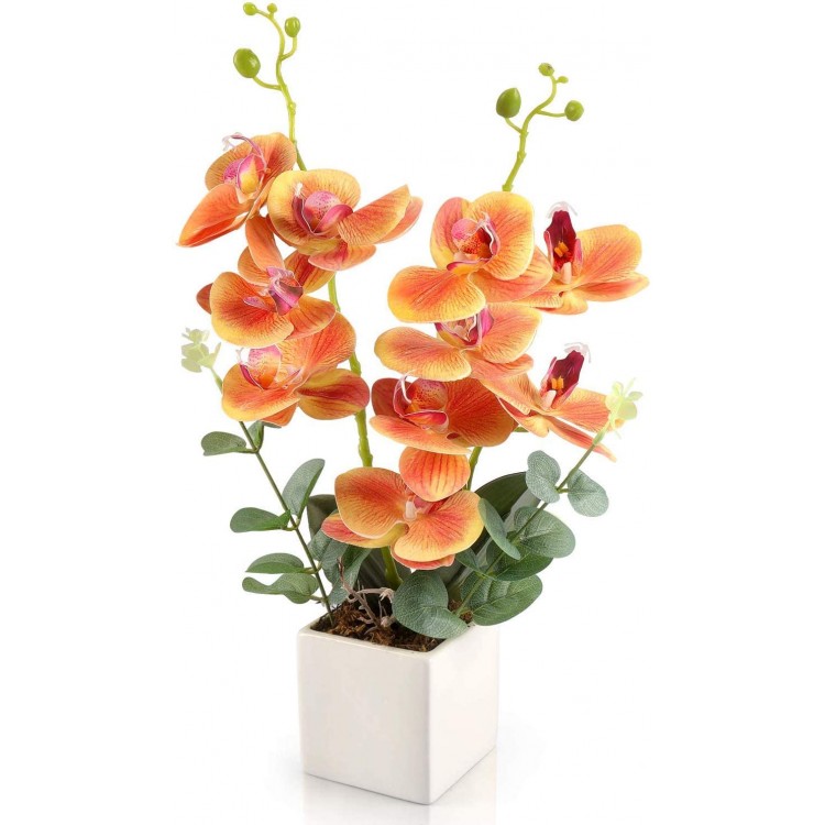 RERXN Artificial Orchid Flowers with Vase Fake Orchid Arrangement 2 Heads PU Potted Silk Phalaenopsis Flower Arrangement for Home Table Party Decor Orange
