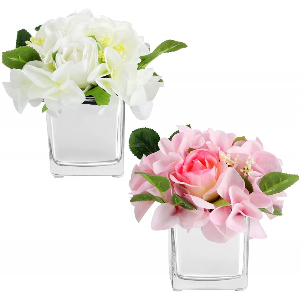 Set of 2 Artificial Hydrangeas Flowers in Vase Faux Fake Silk Rose Flowers Arrangements with Vase for Home Indoor Bathroom Kitchen Nightstand Coffee Table Desk Dresser Shelf Decor White and Pink