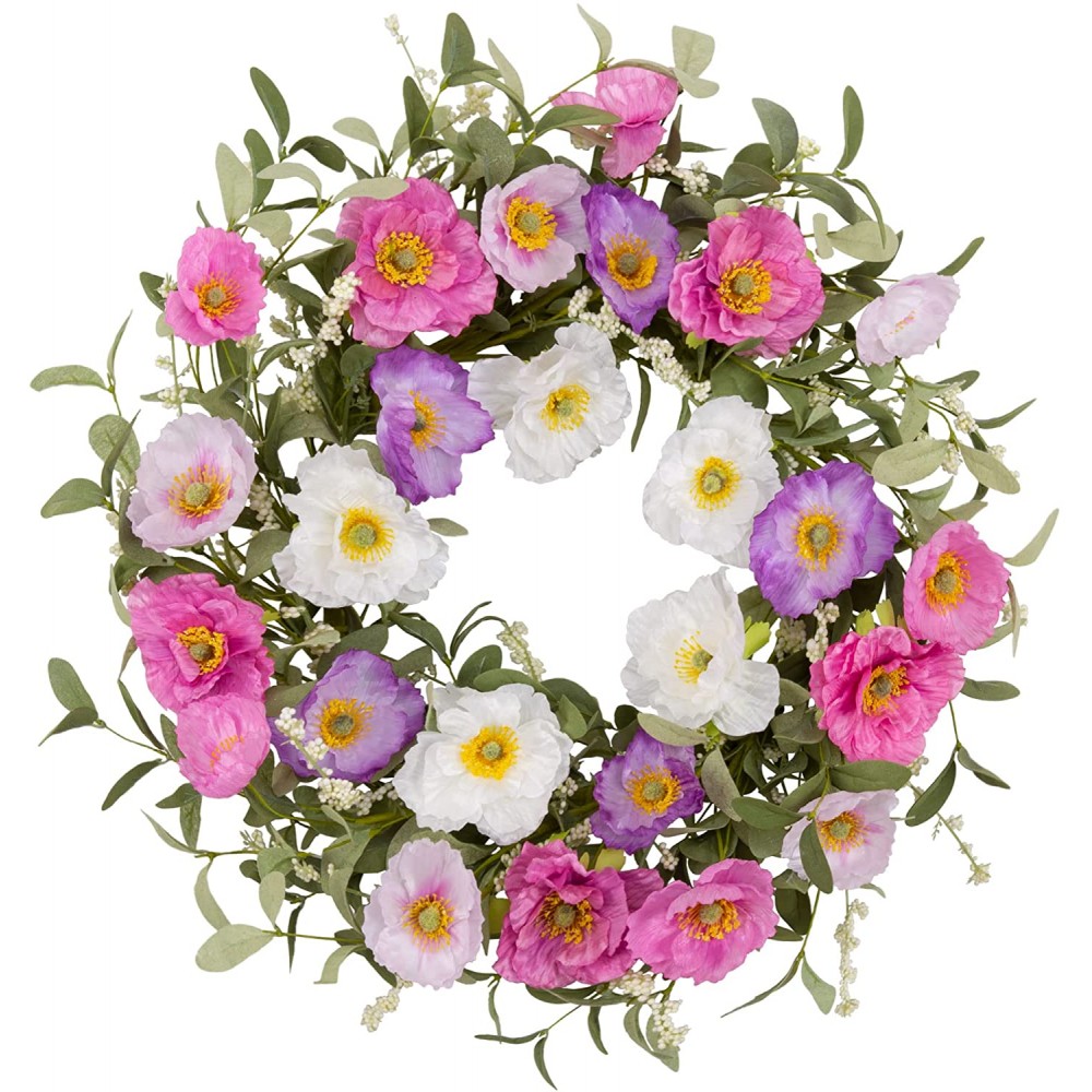 Skrantun 18 inch Artificial Spring Wreath for Front Door Summer Wreath with White Purple Pink Flowers Artificial Floral Wrearh for Home Wedding Farmhouse Holiday Decorations
