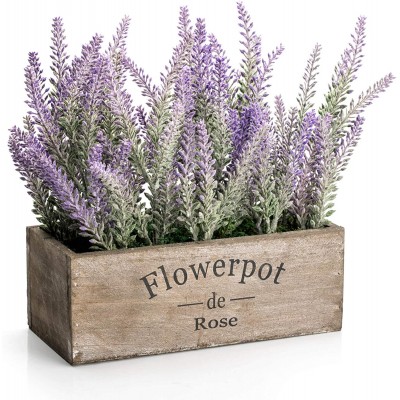 Velener Artificial Fake Flower Potted Lavender Plant with Wooden Tray for Home Decor Office Bathroom Desk Room Decoration Indoor and Outdoor 9" Long