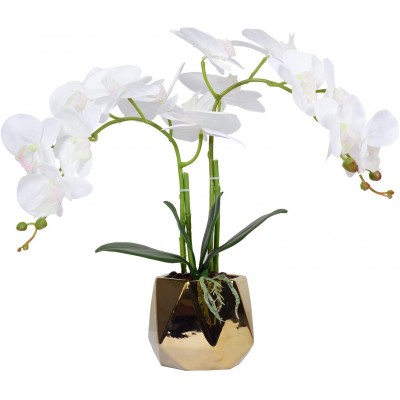 W&W Artificial Orchid Plants & Flowers Arrangement in Ceramic Pot Fake Faux White Orchid with Gold Vase Realistic Phalaenopsis Orchids for Home Office Decor 15*17"