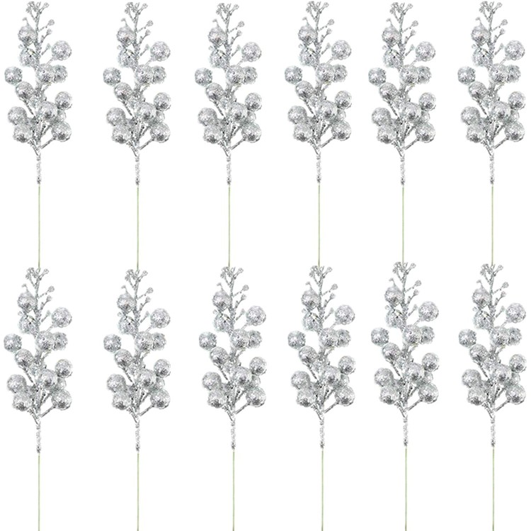 ZAILHWK 12 Pack Christmas Glitter Berries Stems,7.8inch Artificial Christmas Picks for Christmas Tree Ornaments,DIY Xmas Wreath,Crafts,Holiday and Home Decor-Silver