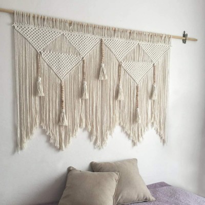 43.5"W × 43.3"L Macrame Wall Hanging Boho Chic Woven Tapestry-Cream Beige Bohemian Tassel Art Cotton Rope Woven Large Wall Decor Curtain for Home Apartment Dorm Room Backdrop Including Hanging Rod