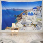ASOCO Santorini Greece Tapestry Milos Island Beautiful Beach Landscape Decor Mediterranean Blue White House and Sea Wall Art Modern Home for Bedroom Living Room Office 60X50 150x130 cm