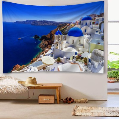 ASOCO Santorini Greece Tapestry Milos Island Beautiful Beach Landscape Decor Mediterranean Blue White House and Sea Wall Art Modern Home for Bedroom Living Room Office 60"X50" 150x130 cm