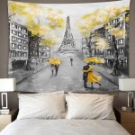 Emvency Tapestry Oil Painting Paris European City Landscape France Eiffel Tower Black White and Yellow Modern Couple Under Home Decor Wall Hanging for Living Room Bedroom Dorm 60x80 inches