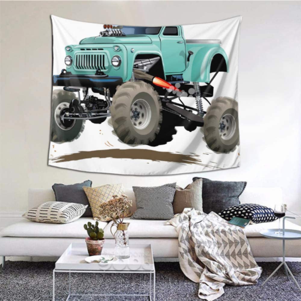 Huqalh Bed Wall Tapestry Cartoon Monster Truck Bathroom Wall Art Decor 60x51 Inches152x130cm Wall Hanging Art Home Decor Polyester for Living Room Bedroom Dorm