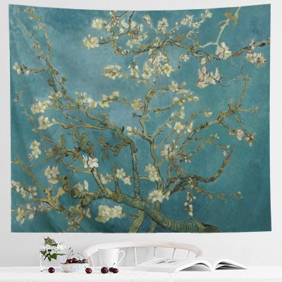 IcosaMro Van Gogh Tapestry Wall Hanging Almond Blossom Nature Plant Floral Wall Art [Double-Folded Hems] Rustic Wall Home Decor for Bedroom Dorm College Living Room 51x60 Green