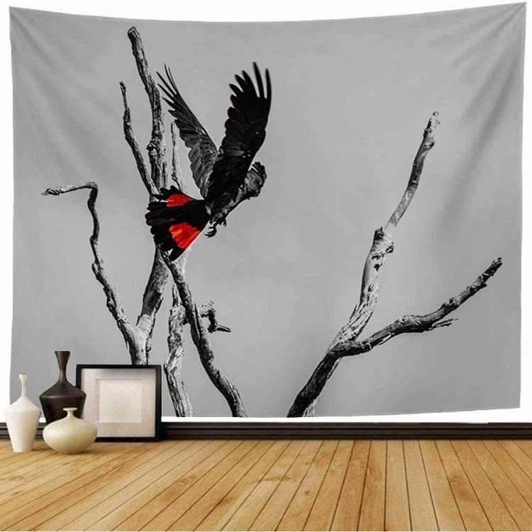 Starochi Tapestry Wall Hanging Calyphtorhynchus Red Tail Tailed Black Cockatoo Baksii Nature Tree Wood Yellow Design Accent Fine Tapestry Decor Living Room Bedroom for Home 80x60 Inch