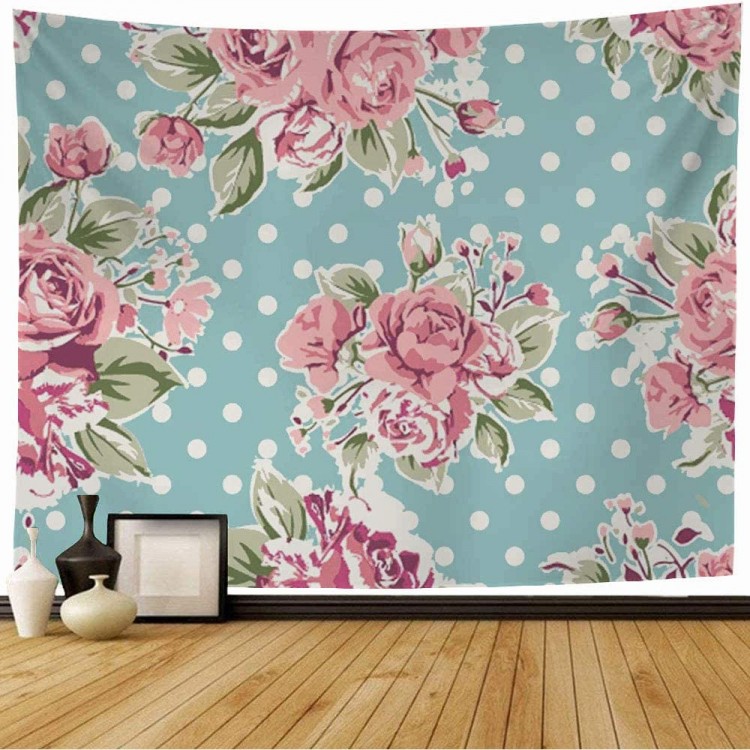 Staroutah Wall Tapestry Pretty Botanical Pink Vintage Rose Painting Pattern On Green Curl Colorful Single Accent Flower Tapestry Wall Hanging Beach Tapestry for Home Decor 80x60 Inch