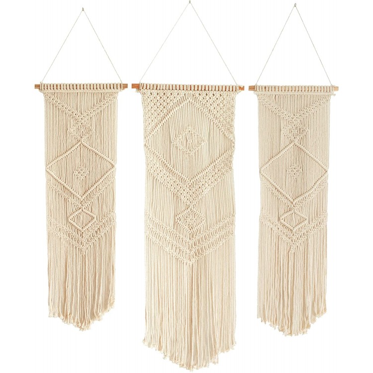 Stratus Home 3 pcs Modular Macrame Wall Hanging 1pc 39x13 inch; 2 pcs 35x10 inch. Add that Rustic or Farmhouse Accent to your Home. Classic Boho Tapestry. Hang together or separately!