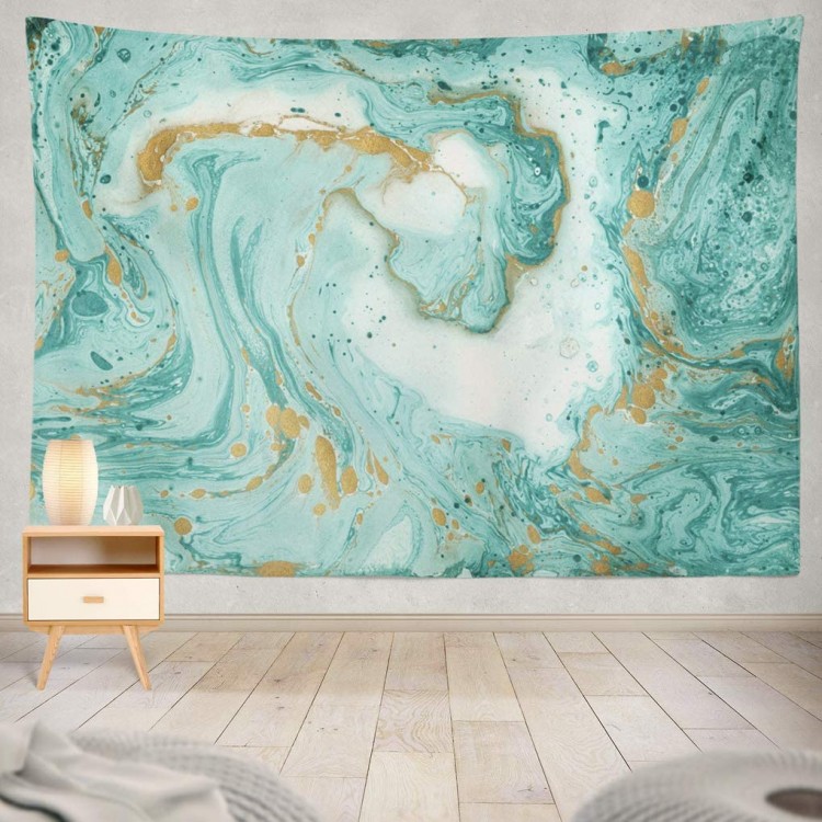 Summor Green Color Colorful Watercolor Stain Grunge Marble Gold Turquoise Color Green Art Nature Home Decorations for Living Room Bedroom Dorm Decor 80 x 60 Inch