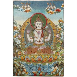 ZenBless Silk Embroidery Tibetan Thangka with Four Arms Kwan Yin Avalokitesvara Lotus Seat Wall Hanging for Home Décor Tapestry Meditation