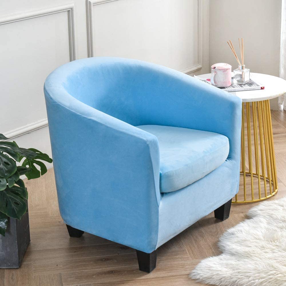 Plush Velvet Tub Chair Slipcover High Stretch Solid Color Decorative Wear Resistant Two Pieces Barrel Accent Armchair Sofa Furniture Protector Wrap Blue