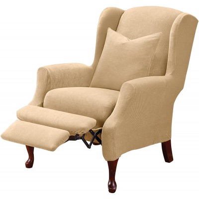 SureFit Home Décor SF38684 Stretch Pique Box Cushion Recliner Wingback Chair Slipcover Form Fit Polyester Spandex Machine Washable Two Piece Cream Color