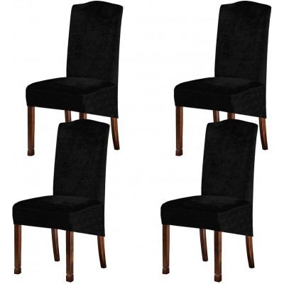 Velvet Plush XL Dining Chair Covers Stretch Chaircover Spandex High Chairs Protector Covers Seat Slipcover with Elastic Band for Dining Room,Wedding Ceremony Banquet Black Set of 4