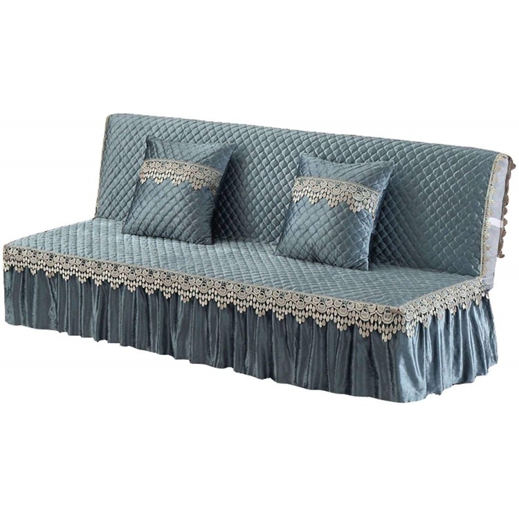 HUOLEO Thick Plush Armless Futon Cover Quilted Without Armrests Sofa Cover with Skirt Sofa Slipcover Anti Slip Universal Folding Sofa Bed Futon Slipcover for Living Room-Grey blue-160X138+30cm