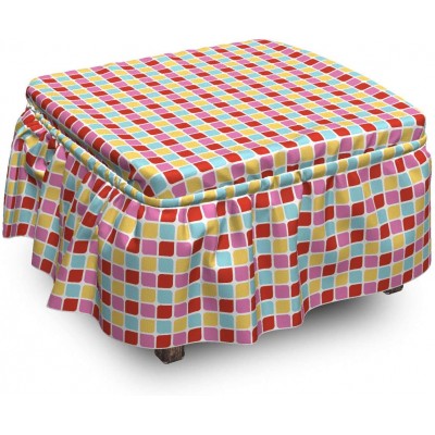 Ambesonne Abstract Ottoman Cover Mosaic Colorful Squares 2 Piece Slipcover Set with Ruffle Skirt for Square Round Cube Footstool Decorative Home Accent Standard Size Multicolor