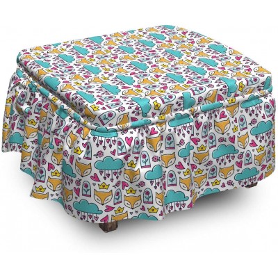 Ambesonne Animal Ottoman Cover Fox Hearts and Flowers 2 Piece Slipcover Set with Ruffle Skirt for Square Round Cube Footstool Decorative Home Accent Standard Size Multicolor
