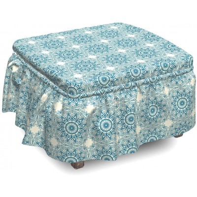 Ambesonne Blue Mandala Ottoman Cover Abstract Sunflower 2 Piece Slipcover Set with Ruffle Skirt for Square Round Cube Footstool Decorative Home Accent Standard Size Ivory and Petrol Blue