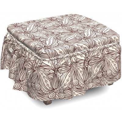 Ambesonne Brown Paisley Ottoman Cover Intertwined Leaves 2 Piece Slipcover Set with Ruffle Skirt for Square Round Cube Footstool Decorative Home Accent Standard Size Dark Mauve and Champagne