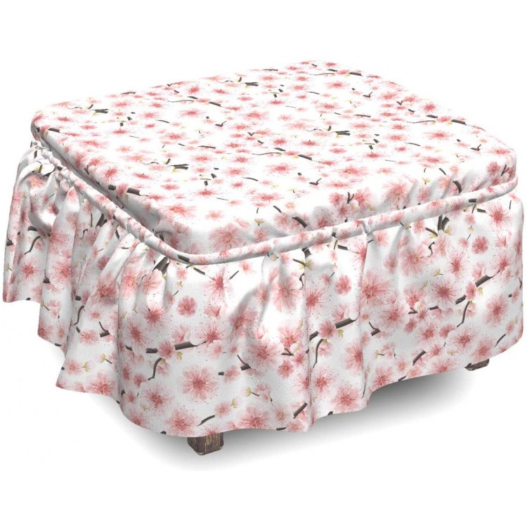 Ambesonne Cherry Blossom Ottoman Cover Sakura 3D Design 2 Piece Slipcover Set with Ruffle Skirt for Square Round Cube Footstool Decorative Home Accent Standard Size Dark Taupe and Rose
