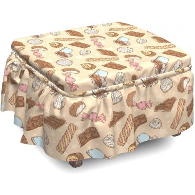 Ambesonne Chocolate Ottoman Cover Sweets Candy Bars Vintage 2 Piece Slipcover Set with Ruffle Skirt for Square Round Cube Footstool Decorative Home Accent Standard Size Multicolor