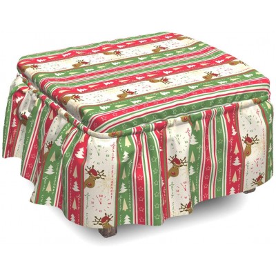 Ambesonne Christmas Ottoman Cover Deer Pines Borders 2 Piece Slipcover Set with Ruffle Skirt for Square Round Cube Footstool Decorative Home Accent Standard Size Green Dark Coral White