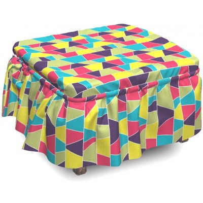 Ambesonne Colorful Ottoman Cover Mosaic Trapezoid Art 2 Piece Slipcover Set with Ruffle Skirt for Square Round Cube Footstool Decorative Home Accent Standard Size Multicolor