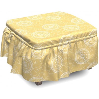 Ambesonne Compass Ottoman Cover Nautical Map and Tool 2 Piece Slipcover Set with Ruffle Skirt for Square Round Cube Footstool Decorative Home Accent Standard Size Mustard White