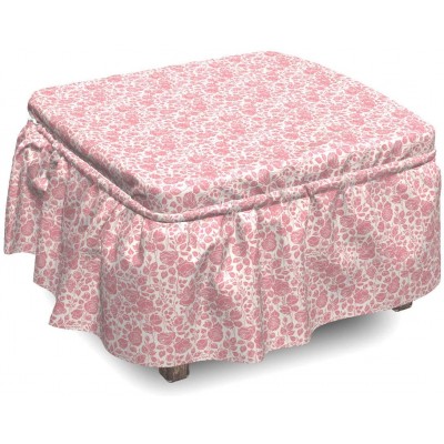 Ambesonne Coral Ottoman Cover Vintage Roses Feminine 2 Piece Slipcover Set with Ruffle Skirt for Square Round Cube Footstool Decorative Home Accent Standard Size Dark Coral Coconut