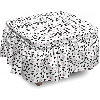 Ambesonne Cow Print Ottoman Cover Animal Hide Design 2 Piece Slipcover Set with Ruffle Skirt for Square Round Cube Footstool Decorative Home Accent Standard Size Black White Lilac